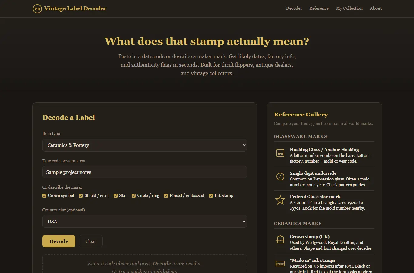 Screenshot of Vintage Label Decoder interface showing the project page in use